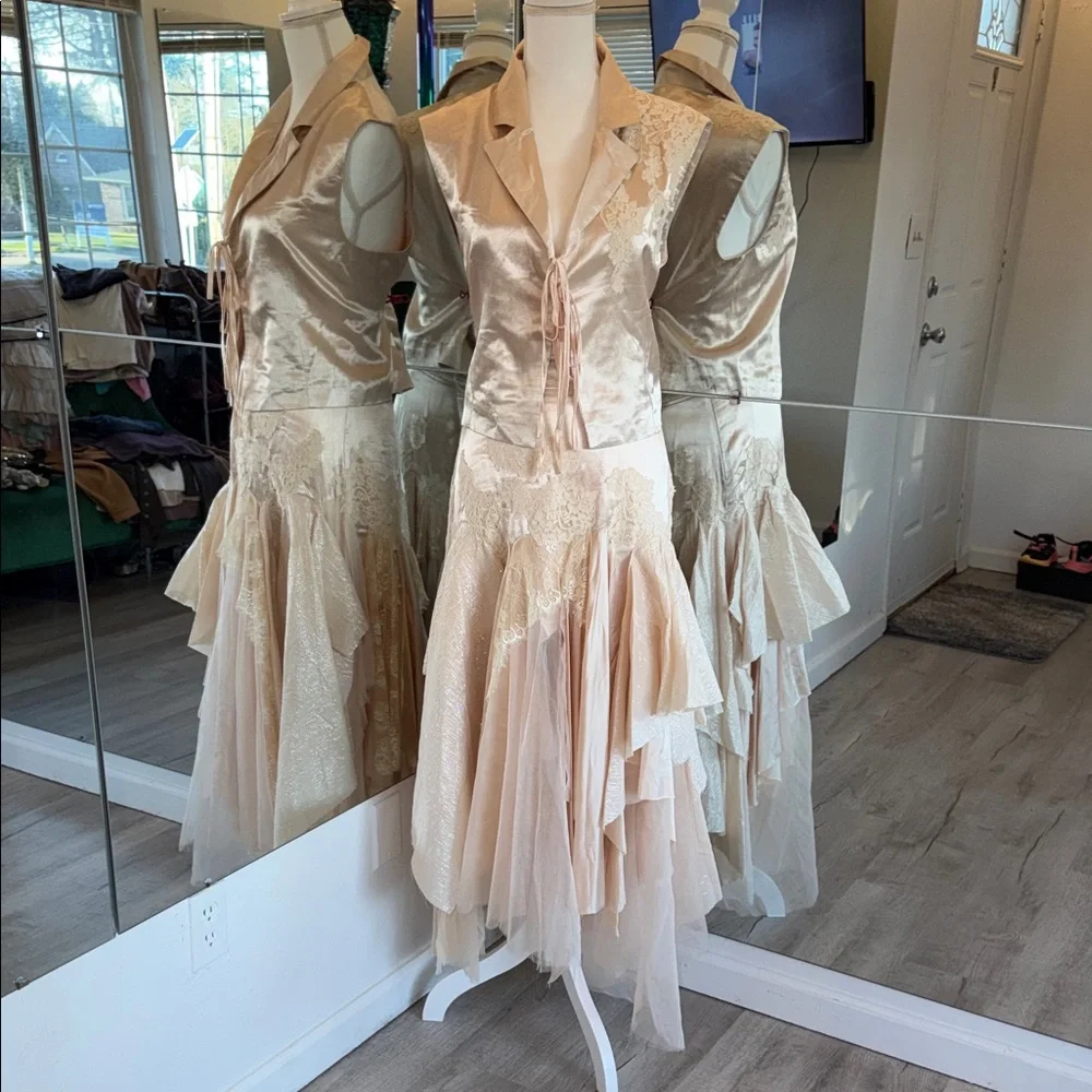 Free People Champagne Lace-Trim Asymmetrical Satin Dress - Picture 1 of 15